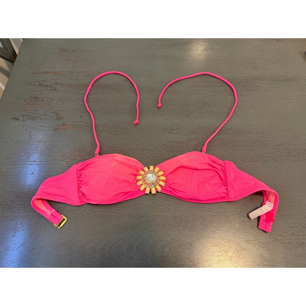 Victorias Secret Neon Pink Jeweled Bandeau Bikini Top Medium Halter Swimwear